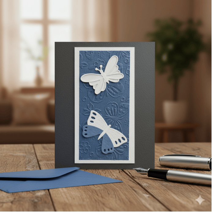 Embossed Blooms and Butterflies Note Cards featuring a butterfly design on textured blue background