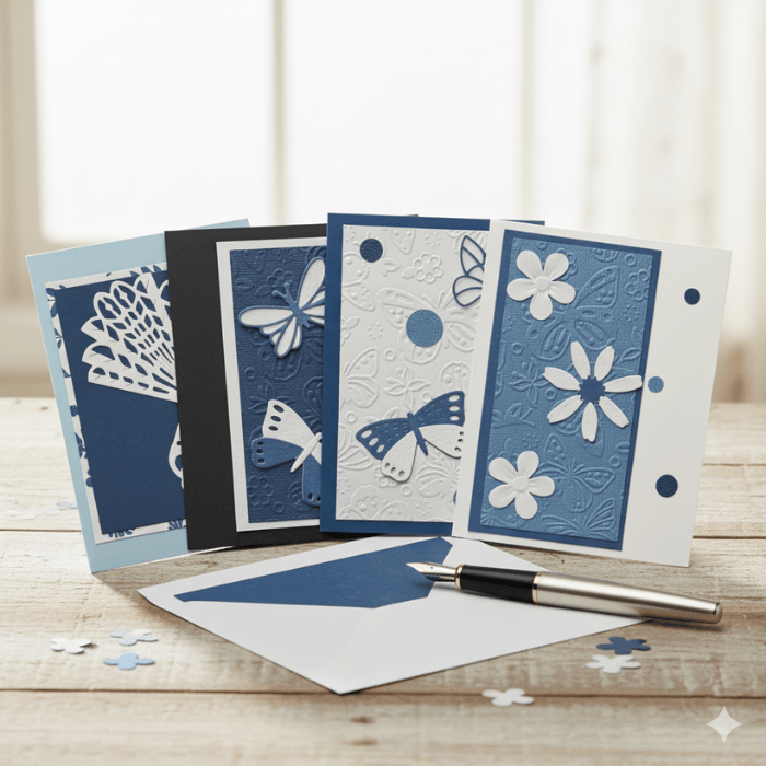 Set of Embossed Blooms and Butterflies Note Cards in blue and white with decorative designs