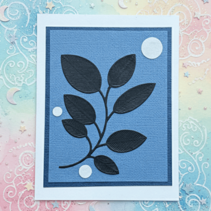 Foliage Fantasia: Nature-Inspired Creations note card featuring a leaf design on a blue background