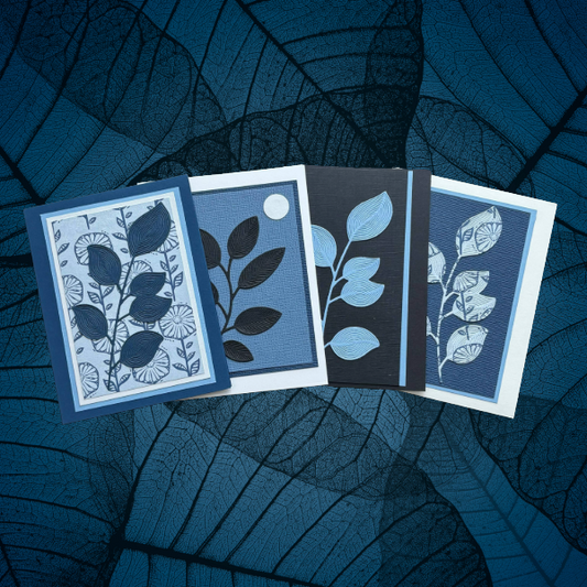 Foliage Fantasia Nature-Inspired Creations note cards by Peace N Beads Design featuring blue leaf designs