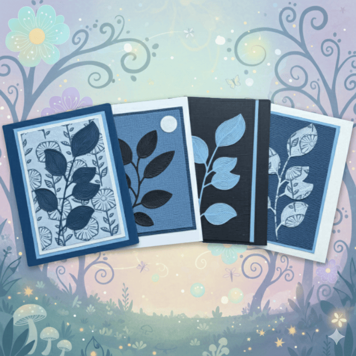 Set of note cards featuring foliage designs in blue tones from Peace N Beads Design, titled Foliage Fantasia: Nature-Inspired Creations