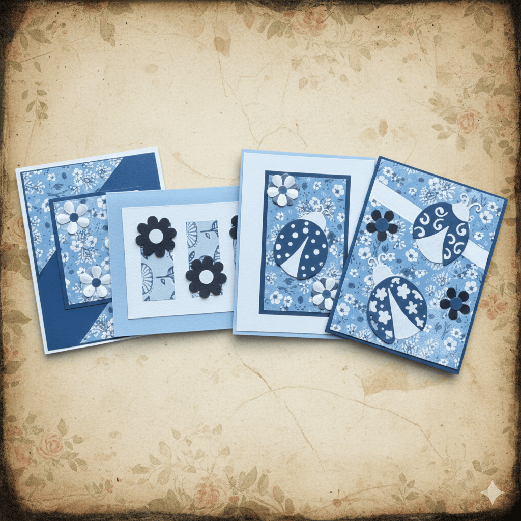 Set of four handmade note cards featuring Garden Whispers Ladybugs and Blooms design with floral accents