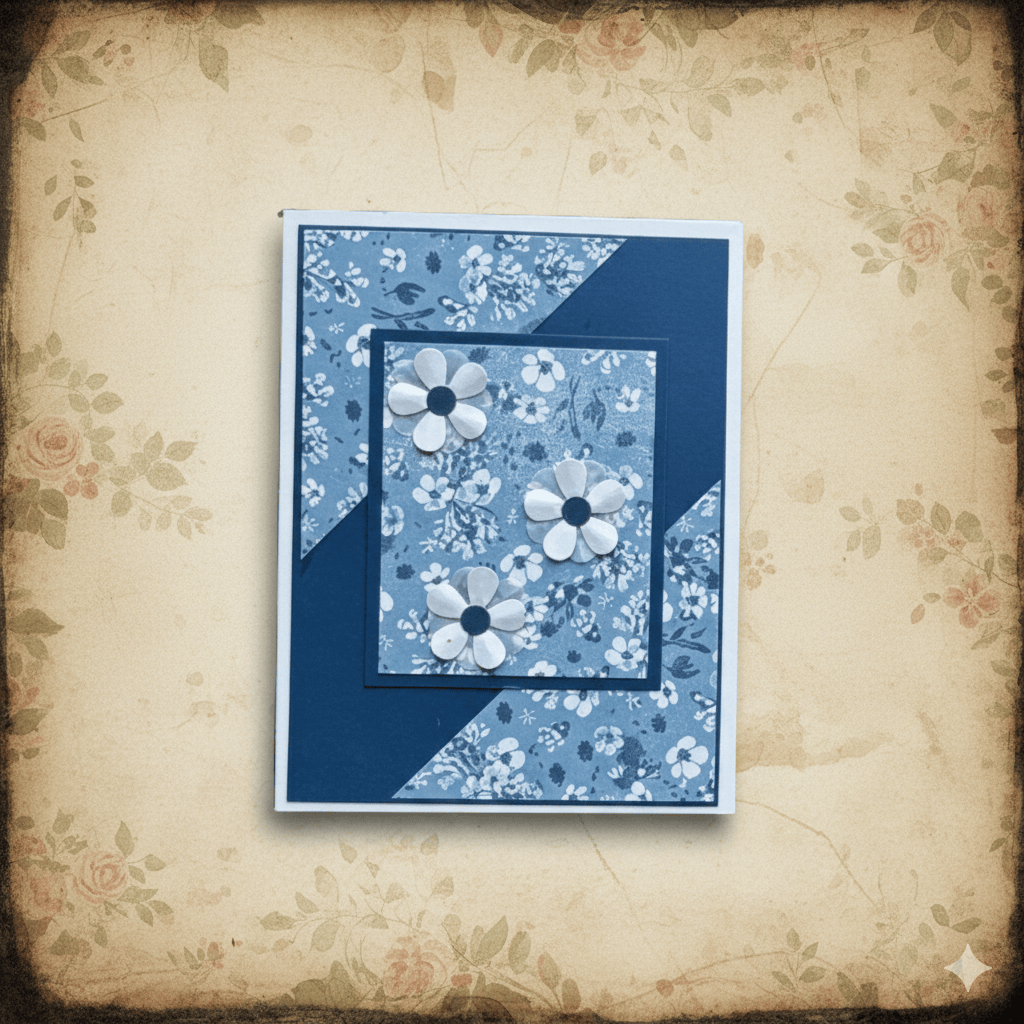 Note cards featuring floral design with blue hues and 3-dimensional flowers, titled Garden Whispers Ladybugs and Blooms