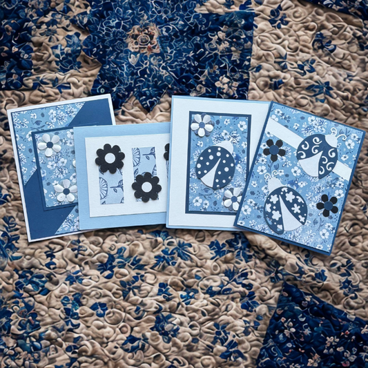 Peace N Beads Design note cards set featuring Garden Whispers Ladybugs and Blooms in blue floral patterns