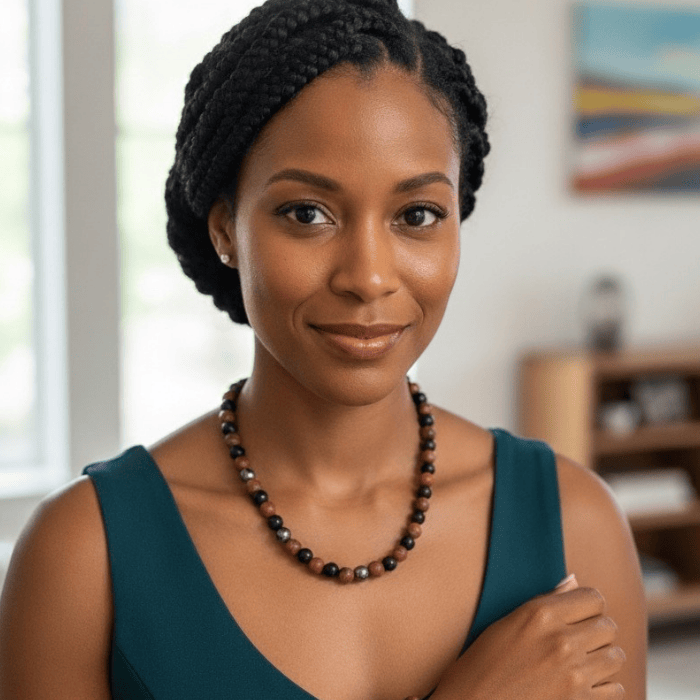 Elegant Gemstone Spiritual Protection Necklace displayed on a woman with braided hair, enhancing her outfit