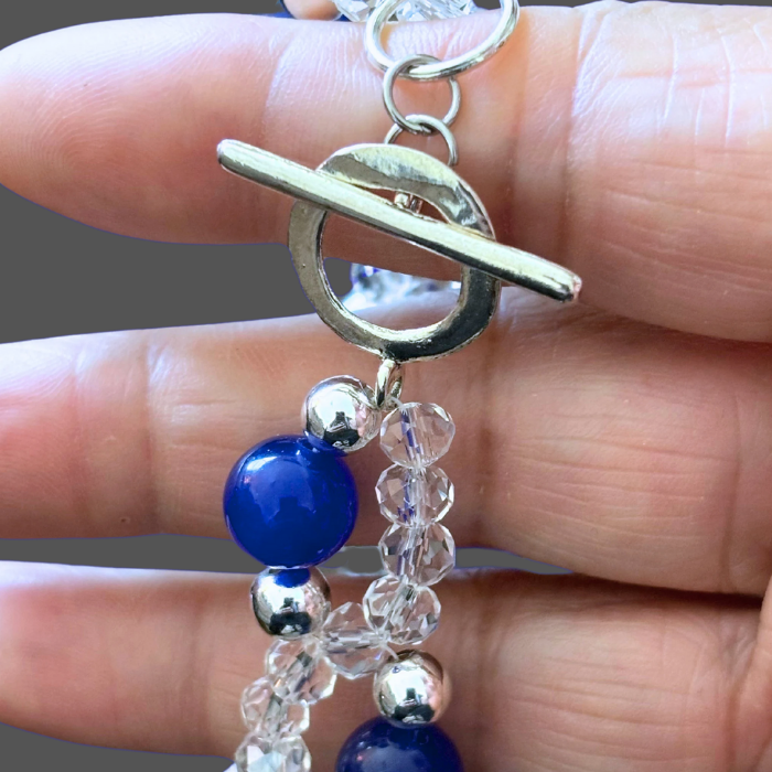 Genuine Clear Crystal and Blue Jade Gemstone Bracelet with toggle clasp and elegant design