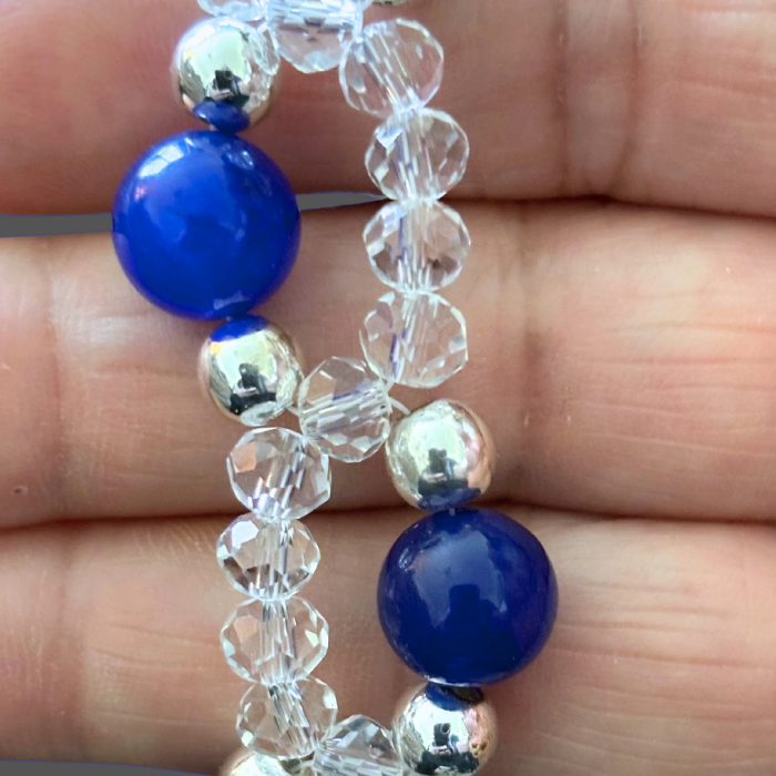 Genuine Clear Crystal and Blue Jade Gemstone Bracelet with shiny beads in a beautiful arrangement