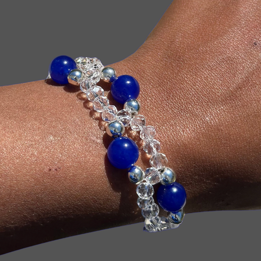 Genuine Clear Crystal and Blue Jade Gemstone Bracelet with a unique design on a wrist