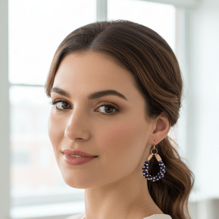 Gold Accented Twisted Royal Blue and Gold Hoop Earrings worn by a woman with shoulder-length hair