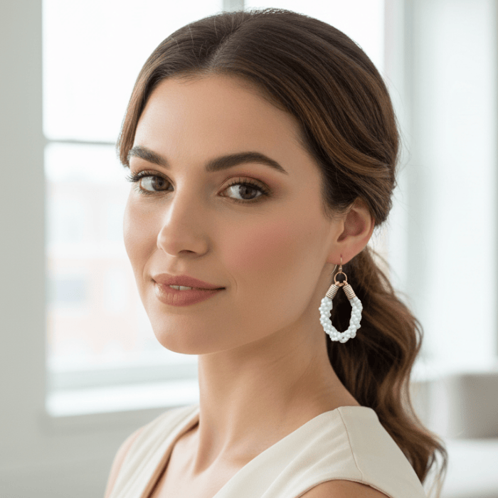 Gold Accented Twisted Royal Blue and Gold Hoop Earrings worn by a model showcasing elegant style