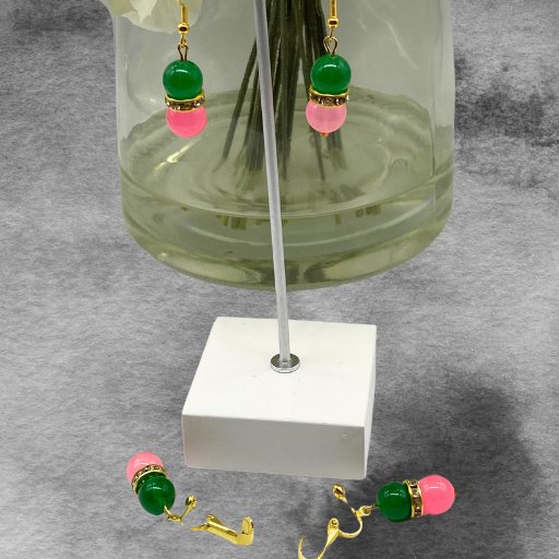 Green Pink Jade Earrings-Peace N Beads Design