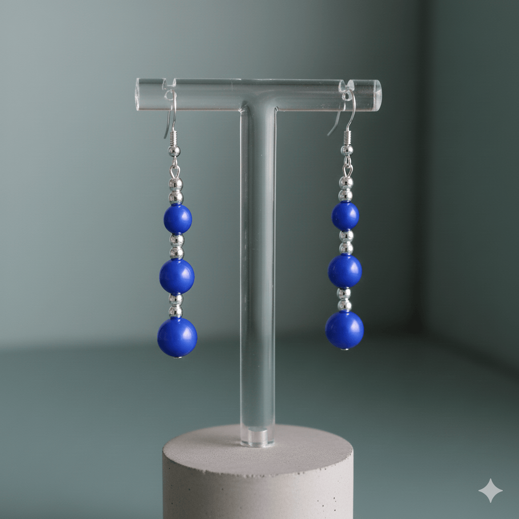 Hematite and Blue Glass Pearl Drop Earrings with a sleek design and vibrant colors