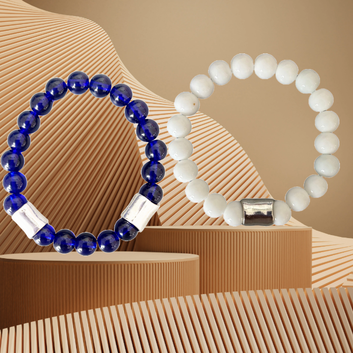 Elegant White and Blue Jade Gemstone Bracelet Set for men by Peace N Beads Design with polished round beads