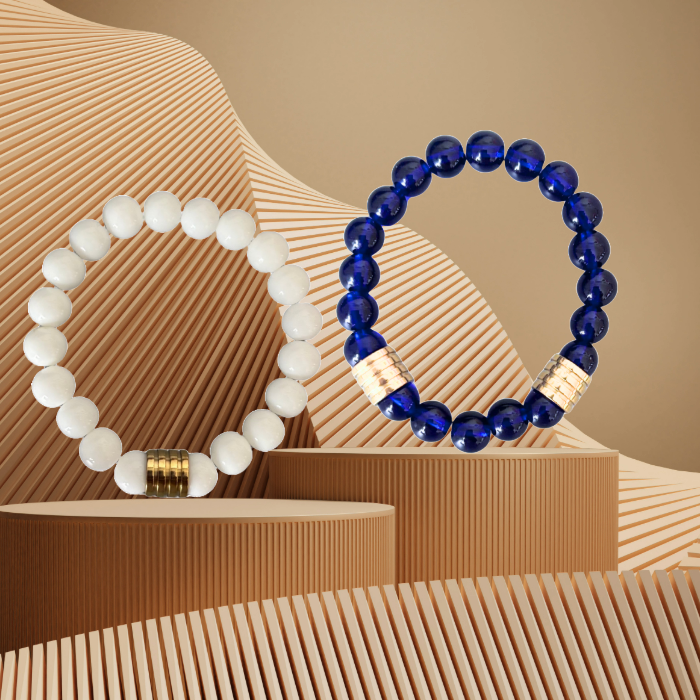 Elegant White and Blue Jade Gemstone Bracelet Set by Peace N Beads Design displayed on textured beige stands