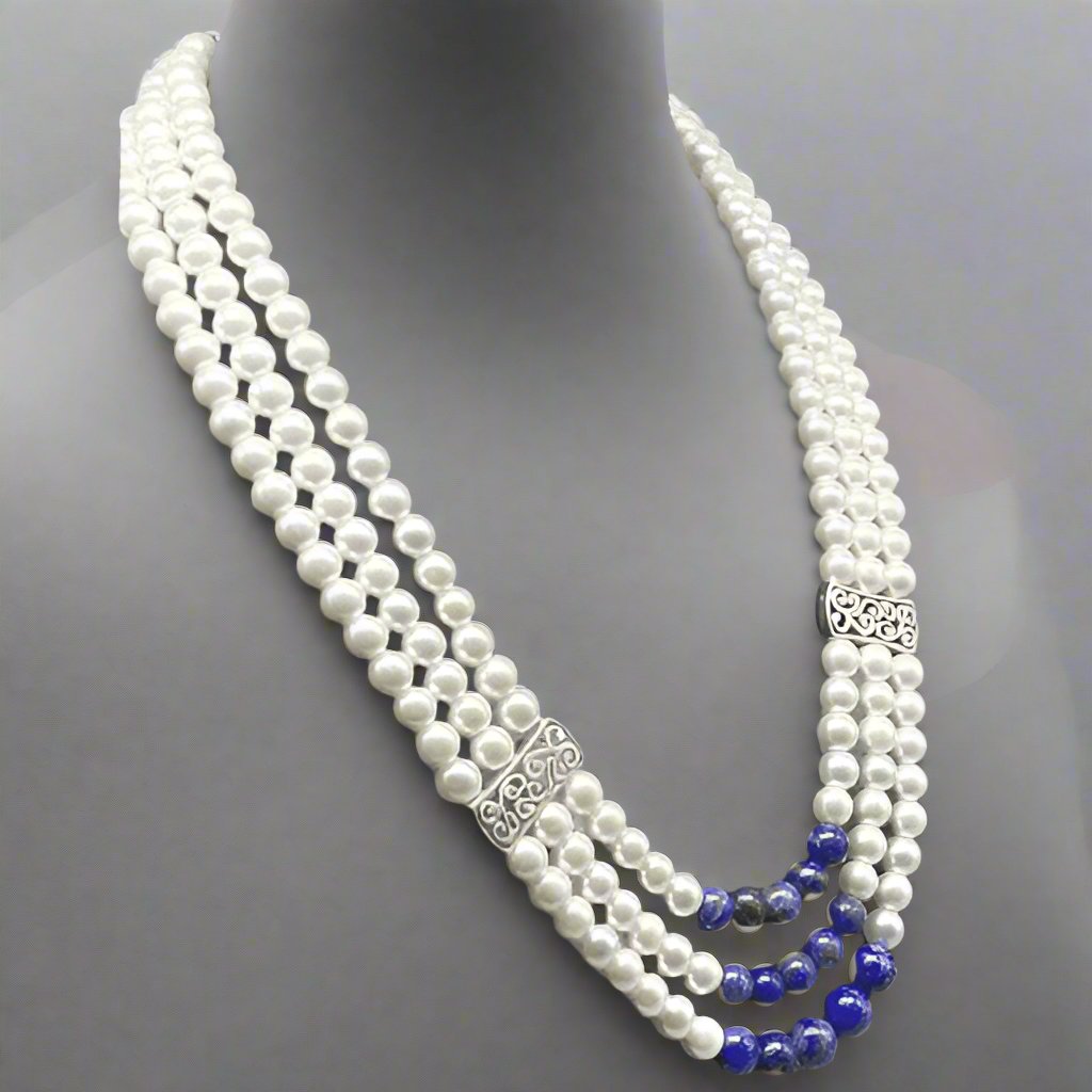 Necklaces - Lapis Pearl 3 Strand Necklace