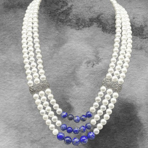 Lapis Pearl 3 Strand Necklace-Peace N Beads Design