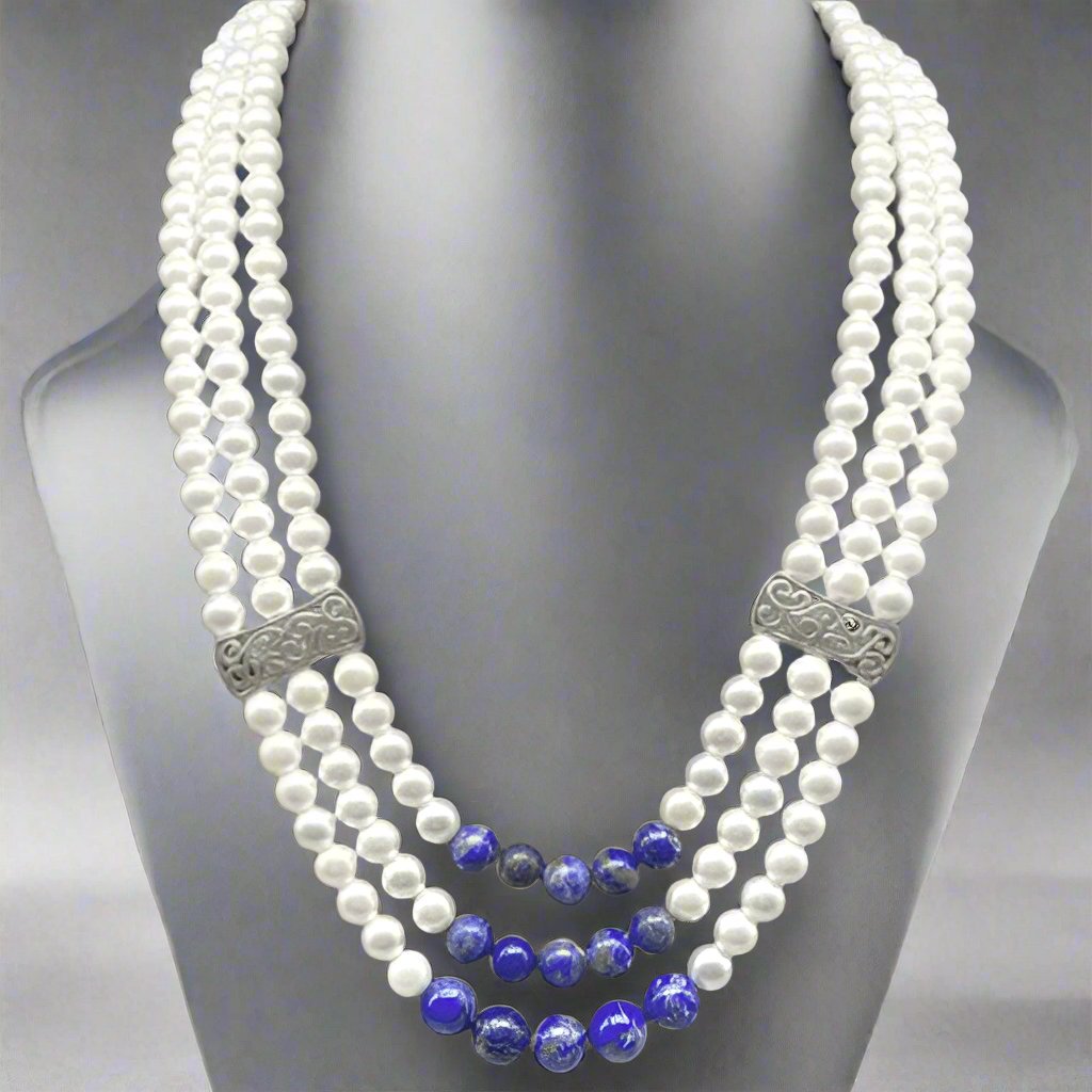 Necklaces - Lapis Pearl 3 Strand Necklace