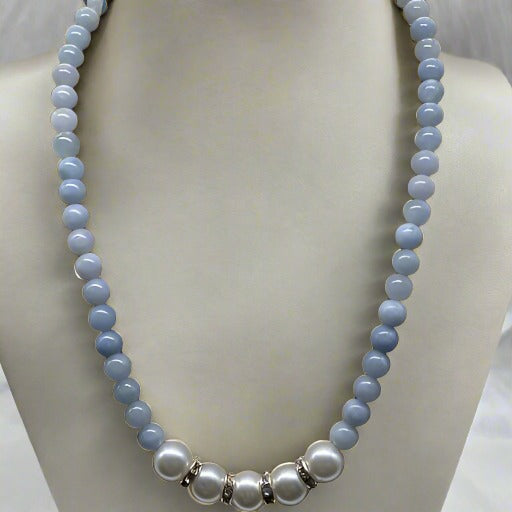 Light Blue and White Glass Pearl Necklace-Peace N Beads 