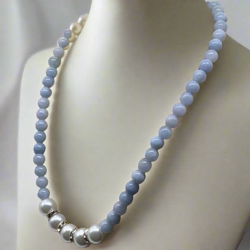 Light Blue and White Glass Pearl Necklace-Peace N Beads