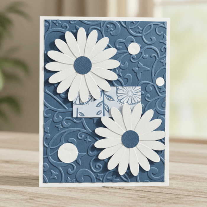 Loves Gentle Petals Card Note Set featuring blue embossed background and white flower designs