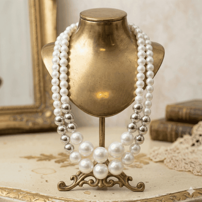 Luxurious Hematite and White Glass Pearl Necklace displayed on a vintage stand with elegant design
