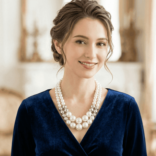 Model wearing a Luxurious Hematite and White Glass Pearl Necklace for elegant occasions.
