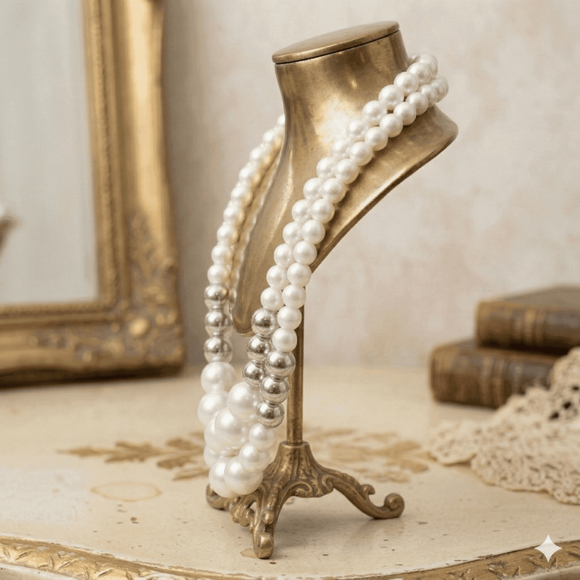 Luxurious Hematite and White Glass Pearl Necklace displayed elegantly on a vintage jewelry stand