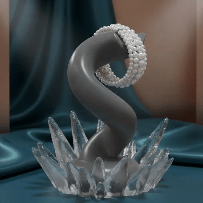 Multi Strand White Glass Pearl Stretch Bracelet displayed on a stylish decorative stand