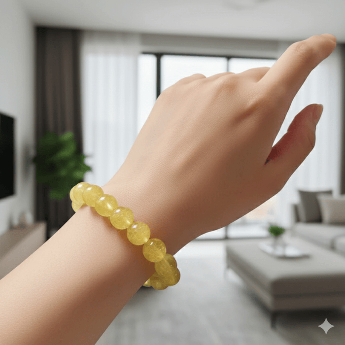 Natural Citrine Gemstone Bracelet for Power and Abundance worn on a hand, showcasing its vibrant yellow beads
