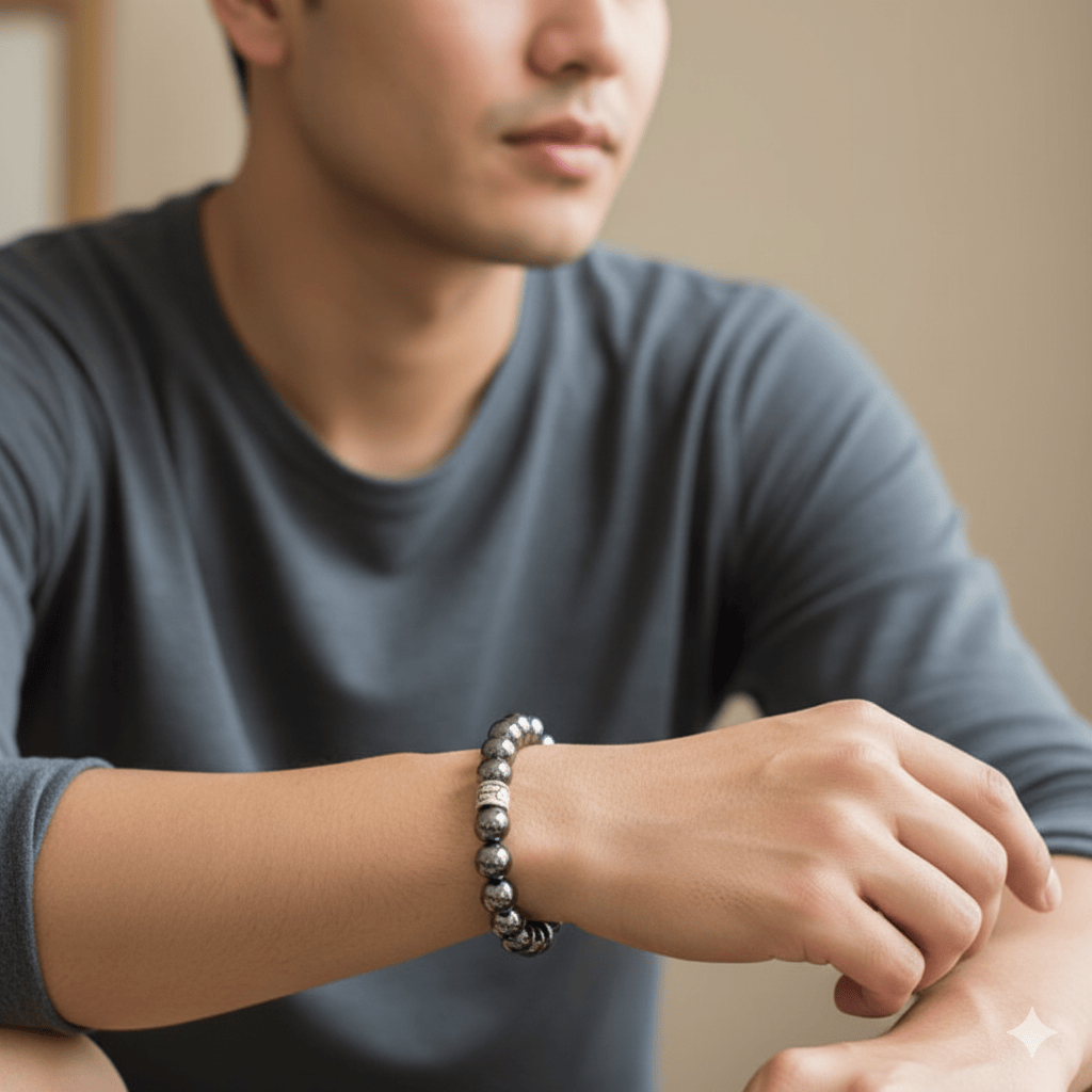 Men's bracelet made of natural hematite grounding beads worn on wrist for style and energy balance