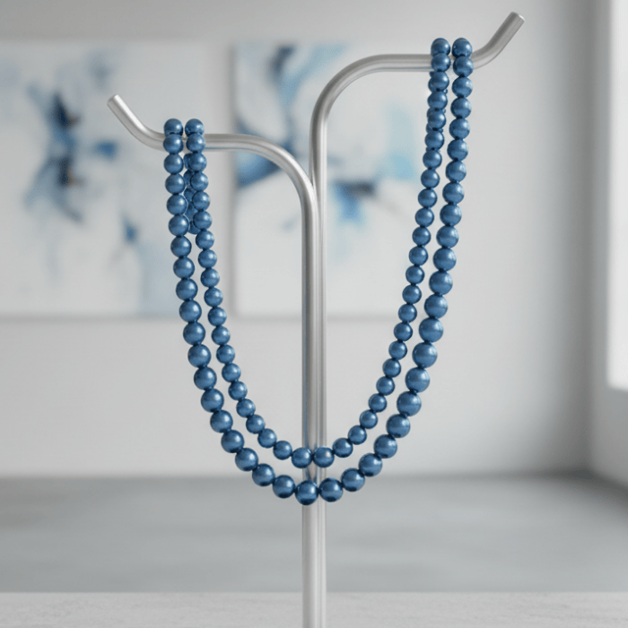 2 Strand Blue Pearl Necklace displayed elegantly on a jewelry stand