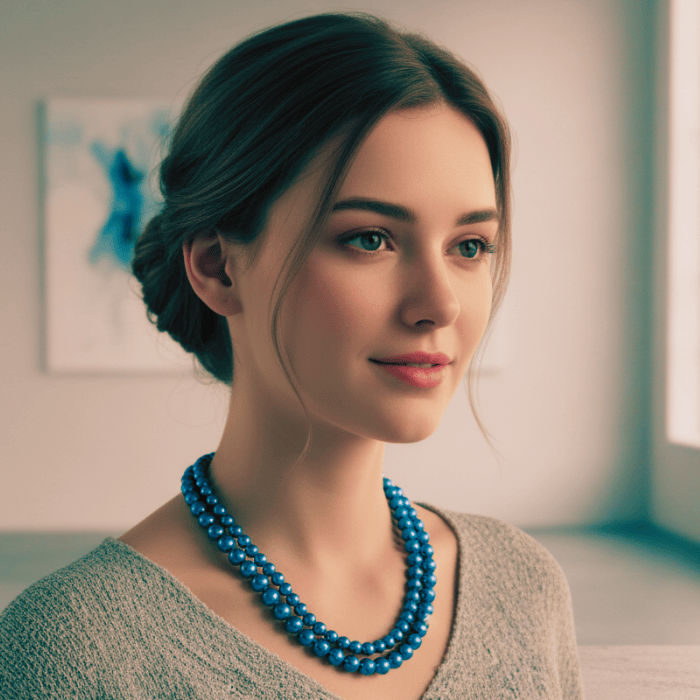 2 Strand Blue Pearl Necklace displayed on a model showcasing its elegant design and vibrant color
