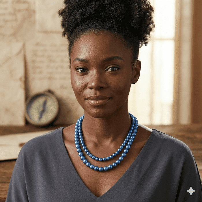 Elegant 2 Strand Blue Pearl Necklace displayed on a model with a chic gray top