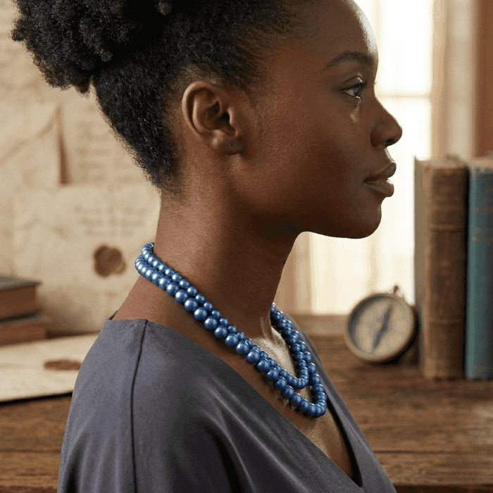 Elegant 2 Strand Blue Pearl Necklace worn by a model showcasing its beautiful luster and design