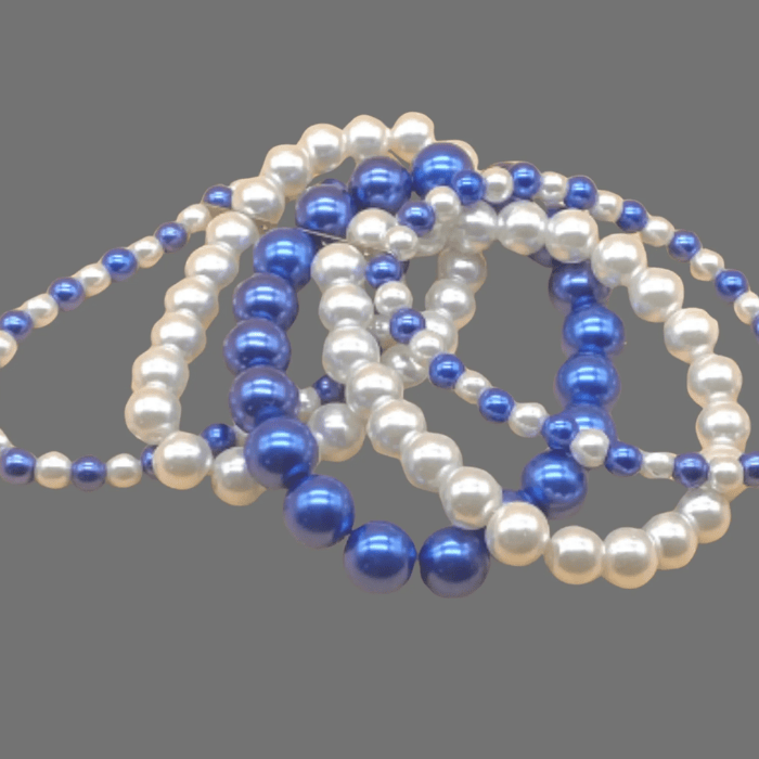 5-Strand Royal Blue and White Pearl Stretch Bracelet with elegant color combination and stretchy design