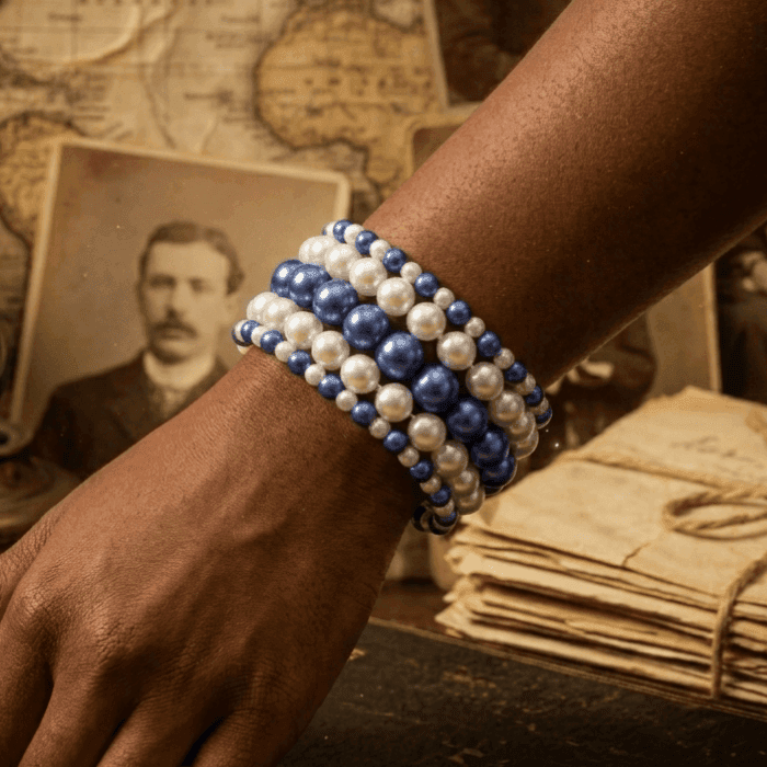 5-Strand Royal Blue and White Pearl Stretch Bracelet worn on a wrist with vintage background