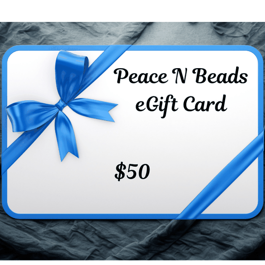 Peace N Beads 50 eGift Cards with blue ribbon on white card for gifting