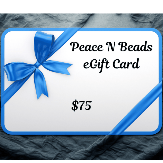 Peace N Beads 75 eGift Cards with blue ribbon design on white background