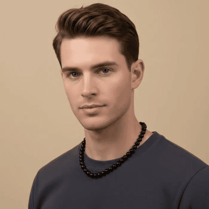 Stylish Black Onyx Gemstone Necklace worn by a man with a casual outfit