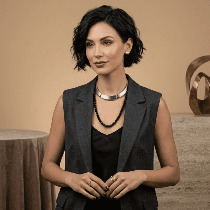 Elegant model wearing a Black Onyx Gemstone Necklace layered with a chic silver choker