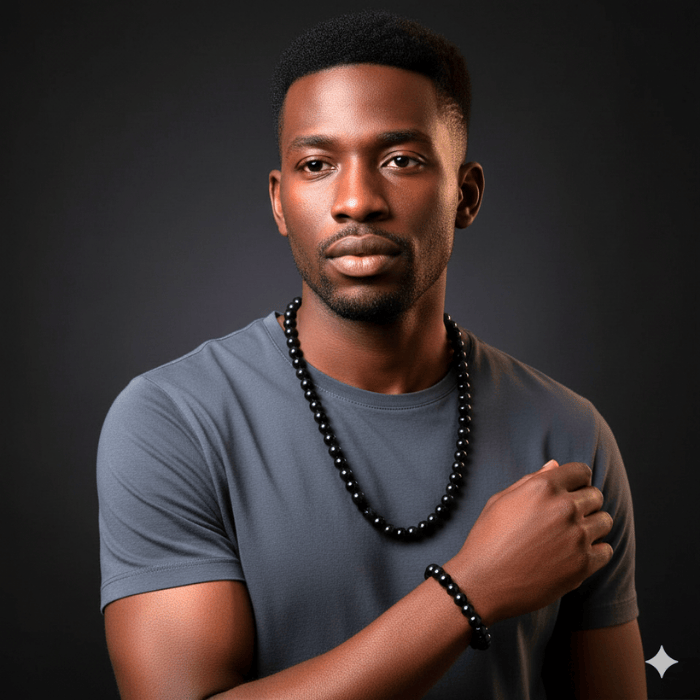 Stylish man wearing Black Onyx Jewelry Set with a bracelet and necklace for a modern look