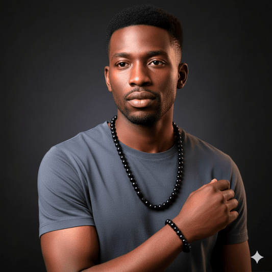 Stylish man wearing Black Onyx Jewelry Set with a bracelet and necklace for a modern look