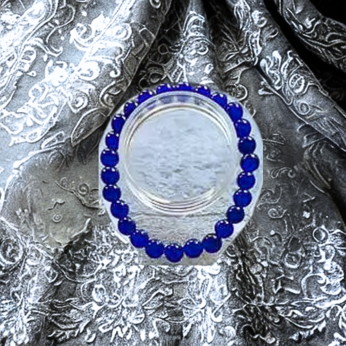 Blue Jade Friendship Bracelet featuring smooth blue jade beads on a silver background