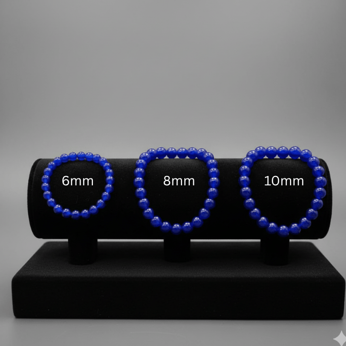 Blue Jade Friendship Bracelet displayed in 6mm, 8mm, and 10mm sizes on a black stand