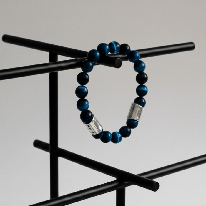 Blue Tiger Eye and Jade Gemstone Bracelets featuring shiny beads and clear accents