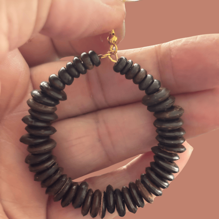 Handmade Boho Brown Wood Hoop Earrings with natural wooden beads for a stylish look