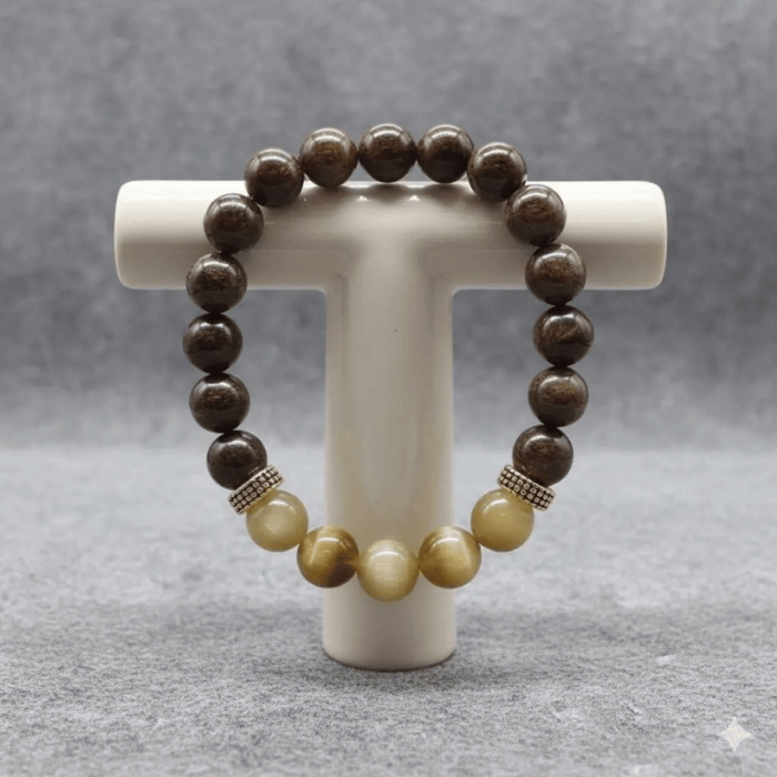 Men's bracelet with Bronzite Brown and Golden Tiger Eye beads, featuring stylish accents for a modern look