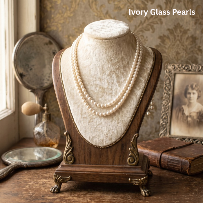 Classic 2 Strand Pearl Necklace in Ivory Glass Pearls displayed on a vintage bust