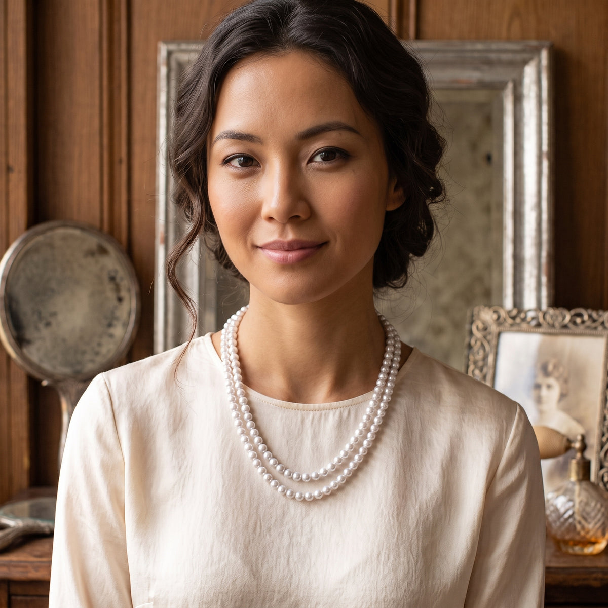 Classic 2 Strand Pearl Necklace in White worn by a model with a vintage background