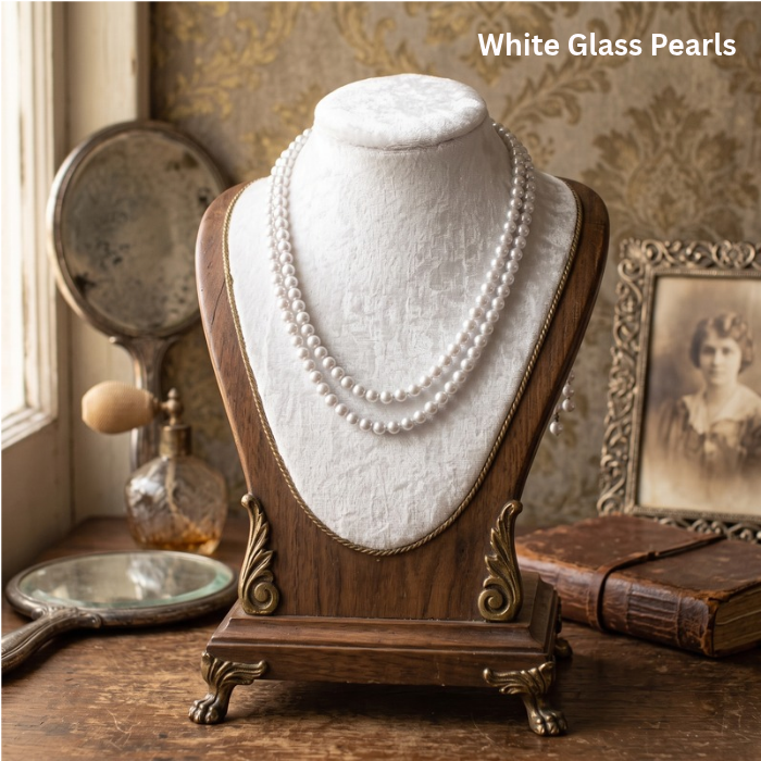 Classic 2 Strand Pearl Necklace featuring elegant white glass pearls displayed on a vintage jewelry stand